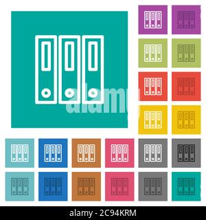 Binders multi colored flat icons on plain square backgrounds. Included white and darker icon variations for hover or active effects. Stock Vector
