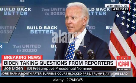 Wilmington, Delaware, USA. 28th July, 2020. A video screen grab of Vice President JOE BIDEN, Democratic candidate for president, as he delivers a stament on the economy, the fourth and final pillar of his plan to revive the nation's economy. Credit: Brian Cahn/ZUMA Wire/Alamy Live News Stock Photo