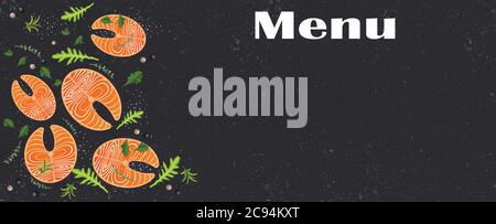 Delicious salmon steaks with arugula leaves and aromatic herbs. Healthy food concept on dark texture background Stock Vector