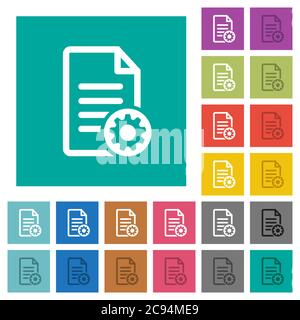 Document settings multi colored flat icons on plain square backgrounds. Included white and darker icon variations for hover or active effects. Stock Vector