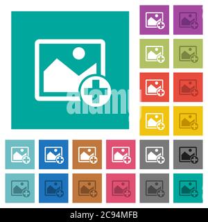 Add new image multi colored flat icons on plain square backgrounds. Included white and darker icon variations for hover or active effects. Stock Vector
