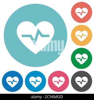 Heartbeat flat white icons on round color backgrounds Stock Vector