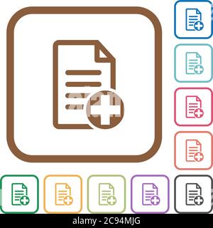 Add new document simple icons in color rounded square frames on white background Stock Vector