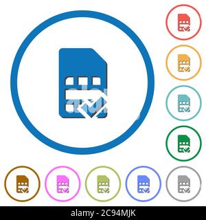 SIM card accepted flat color vector icons with shadows in round outlines on white background Stock Vector