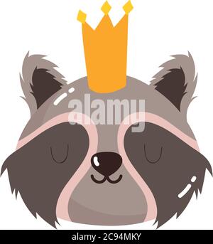 cute animals head raccoon with crown cartoon isolated icon design white background vector illustration Stock Vector
