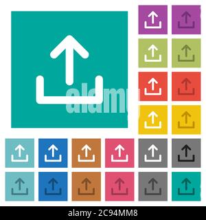 Upload symbol multi colored flat icons on plain square backgrounds. Included white and darker icon variations for hover or active effects. Stock Vector