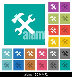 Wrench and hammer tools multi colored flat icons on plain square backgrounds. Included white and darker icon variations for hover or active effects. Stock Vector