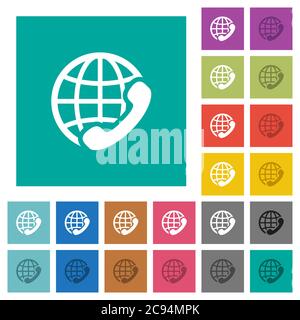 International call multi colored flat icons on plain square backgrounds. Included white and darker icon variations for hover or active effects. Stock Vector
