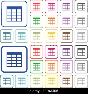 Spreadsheet table color flat icons in rounded square frames. Thin and thick versions included. Stock Vector