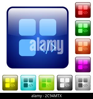 Component programming icons in rounded square color glossy button set Stock Vector