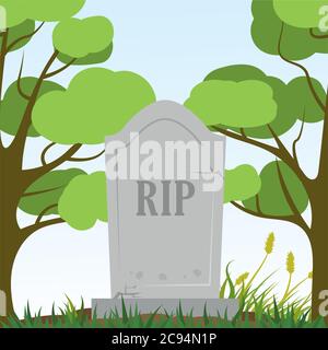 stone tombstone rip,trees and plants on background,flat vector illustration Stock Vector