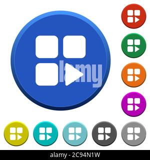 Component play round color beveled buttons with smooth surfaces and flat white icons Stock Vector