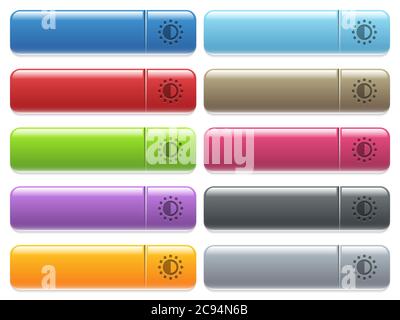 Saturation control engraved style icons on long, rectangular, glossy color menu buttons. Available copyspaces for menu captions. Stock Vector