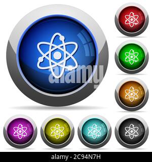 Atom icons in round glossy buttons with steel frames Stock Vector