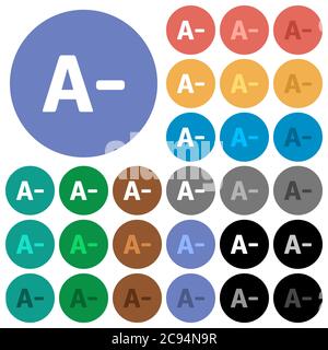Decrease font size multi colored flat icons on round backgrounds. Included white, light and dark icon variations for hover and active status effects, Stock Vector