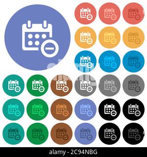 Remove event from calendar multi colored flat icons on round backgrounds. Included white, light and dark icon variations for hover and active status e Stock Vector