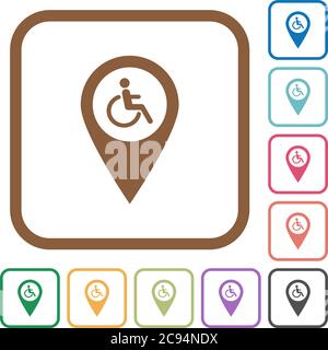 Disability accessibility GPS map location simple icons in color rounded square frames on white background Stock Vector