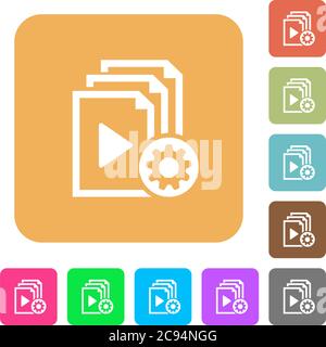 Playlist settings flat icons on rounded square vivid color backgrounds. Stock Vector
