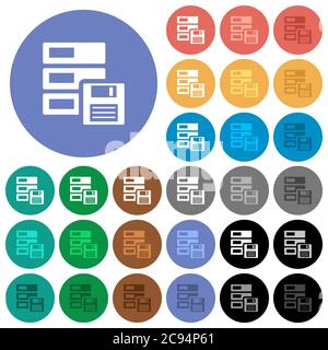 Data backup multi colored flat icons on round backgrounds. Included white, light and dark icon variations for hover and active status effects, and bon Stock Vector