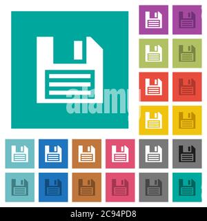 Floppy disk multi colored flat icons on plain square backgrounds. Included white and darker icon variations for hover or active effects. Stock Vector