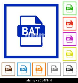 BAT file format flat color icons in square frames on white background Stock Vector