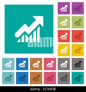 Rising graph multi colored flat icons on plain square backgrounds. Included white and darker icon variations for hover or active effects. Stock Vector