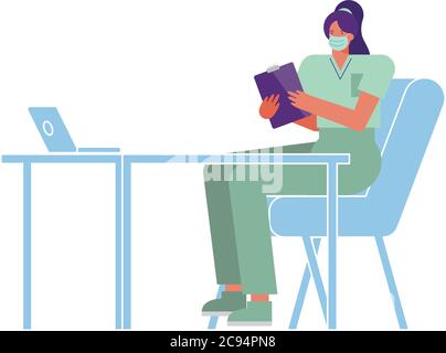 professional female surgeon wearing medical mask working in laptop vector illustration design Stock Vector