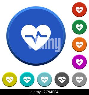 Heartbeat round color beveled buttons with smooth surfaces and flat white icons Stock Vector