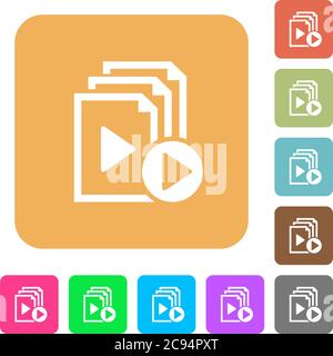 Start playlist flat icons on rounded square vivid color backgrounds. Stock Vector