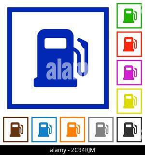 Gas station flat color icons in square frames on white background Stock Vector