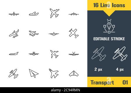 Airplane, Aviation, Aircraft Plane. Thin line icon - Outline flat vector illustration. Editable stroke pictogram. Premium quality graphics concept for Stock Vector
