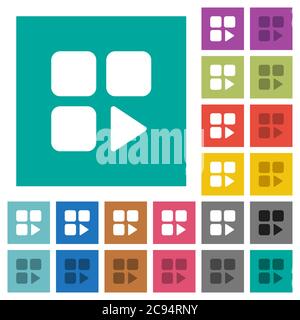 Component play multi colored flat icons on plain square backgrounds. Included white and darker icon variations for hover or active effects. Stock Vector