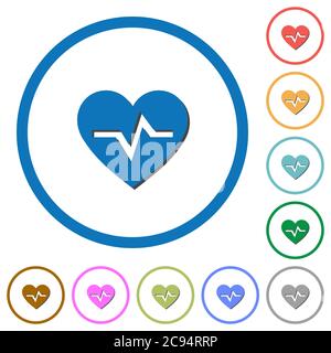 Heartbeat flat color vector icons with shadows in round outlines on white background Stock Vector