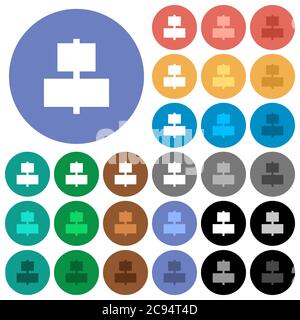 Align to center multi colored flat icons on round backgrounds. Included white, light and dark icon variations for hover and active status effects, and Stock Vector