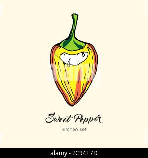 Yellow pepper vector isolated. Hand drawn illustration sweet bulgarian bell paprika chili yellow pepper. Line icon logo Stock Vector