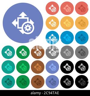 Size settings multi colored flat icons on round backgrounds. Included white, light and dark icon variations for hover and active status effects, and b Stock Vector