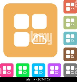 Cloud component flat icons on rounded square vivid color backgrounds. Stock Vector