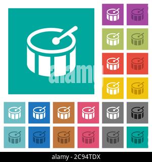 Drum multi colored flat icons on plain square backgrounds. Included white and darker icon variations for hover or active effects. Stock Vector