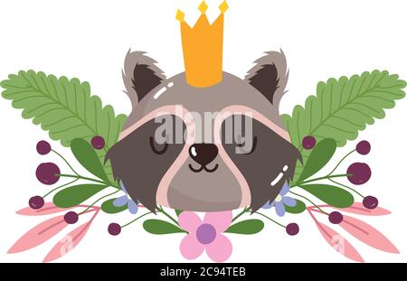cute animal raccoon with crown flowers foliage nature decoration cartoon vector illustration Stock Vector