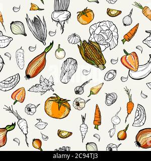 Vegetables seamless orange hand drawn pattern. Vegetarian hipster food illustration. Hand drawn vector pattern of vegetables. Fresh green restaurant Stock Vector