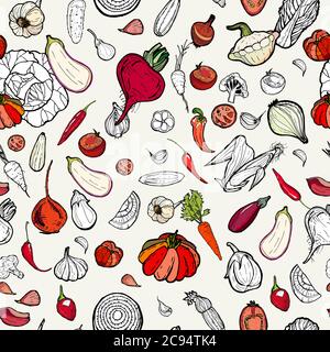 Vegetables seamless hand drawn pattern red. Vegetarian hipster food illustration. Hand drawn vector pattern vegetables. Fresh green for restaurant Stock Vector