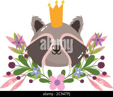 cute raccoon head with crown animal flowers foliage nature decoration cartoon vector illustration Stock Vector