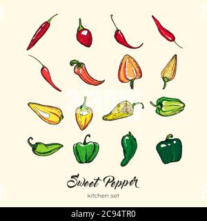 Pepper vector isolate set. Hand drawn illustration sweet bulgarian bell paprika capsicum chili red hot pepper icon logo Stock Vector