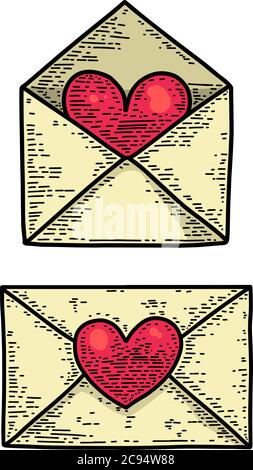 Set of illustrations of love letter in engraving style. Design element for poster, card, banner, sign, flyer. Vector illustration Stock Vector