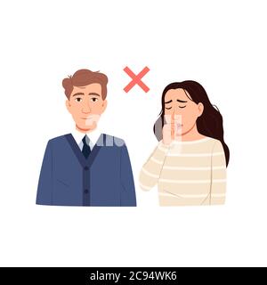 Avoid contact with sick person concept. Epidemic health safety icon. Healthy man sick coughing woman isolated on white background. Virus prevention. F Stock Vector