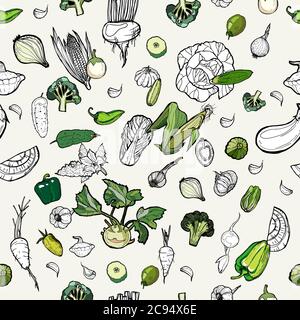 Vegetables seamless hand drawn pattern. Vegetarian hipster food illustration. Hand drawn vector pattern of vegetables. Fresh green for restaurant Stock Vector