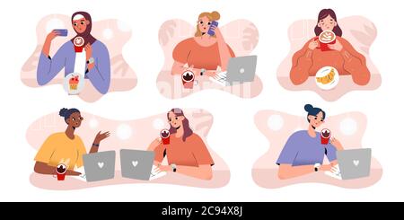 People drinking coffee in cafe or coffee shop, talking, working with laptop, taking selfie meeting for work, making phone calls, collection of vector Stock Vector