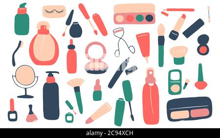 Visage set. Makeup and beauty elements. Skin Care Cosmetics and Decorations. Hand drawn doodle vector illustration Stock Vector