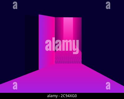 Entering virtual reality. Light from an open door, pink purple gradient. Open door to 80s retro sci-fi virtual reality. Synthwave and retrowave style. Stock Vector