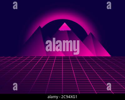 80s retro sci-fi pyramids. Futuristic background with grid and pyramids. Landscape in virtual reality, neon sunset. Synthwave and retrowave style. Vec Stock Vector